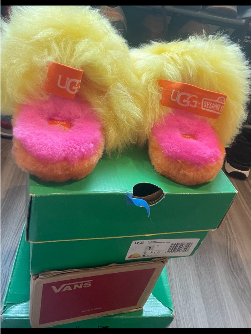 UGG Sesame Street Fluffy Slide Slippers in Yellow Pink Orange
